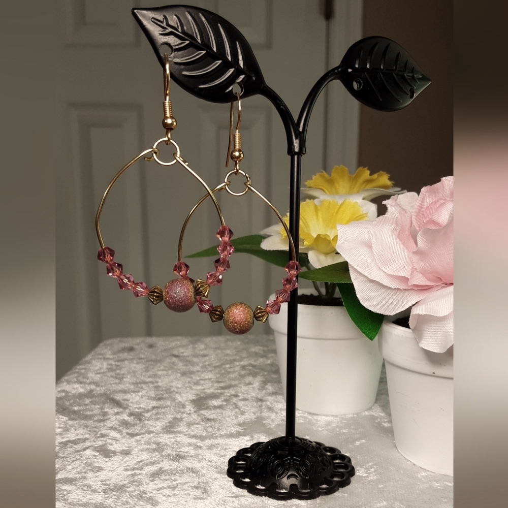 Handmade HoopEarrings Pink Goldtone
